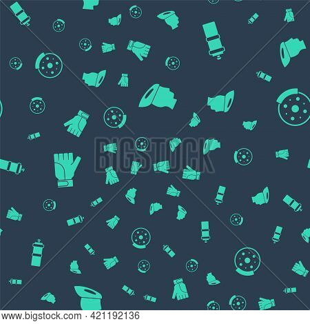 Set Bicycle Helmet, Sport Bottle With Water, Gloves And Brake Disc On Seamless Pattern. Vector