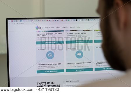 New York, Usa - 1 May 2021: Upc Switzerland Company Website On Screen, Illustrative Editorial