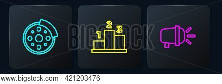 Set Line Bicycle Brake Disc, Head Lamp And Award Over Sports Winner Podium. Black Square Button. Vec