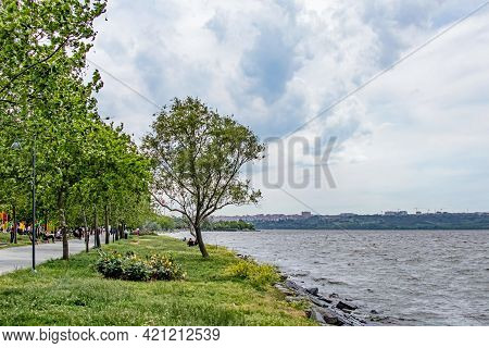 Kanarya,istanbul,turkey-may 20,2021.town And Nature View From Kucukcekmece Lake Shore Suburban Town 