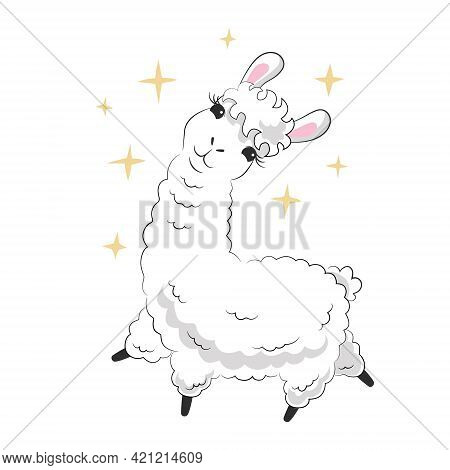 Cute Fluffy Llama Surrounded By Sparks. Hand Drawn White Alpaca And Stars. Childish Character Design