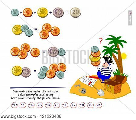 Math Logic Puzzle Game For Smartest. Determine The Value Of Each Coin. Solve Examples And Count How 