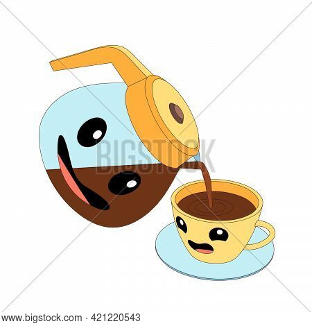 Cartoon Jug And Cup With Coffee. Jug Is Pouring Coffee Into A Cup, Jug And Cup Are Emoji.