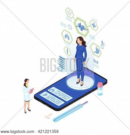 Remote Body Scanning Isometric Illustration. Patient Hologram With Internal Organs Analysis. Futuris