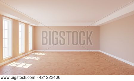 Beautiful Empty Sunlit Interior With Parquet Floor, Three Large Plastic Windows, Beige Walls And Whi