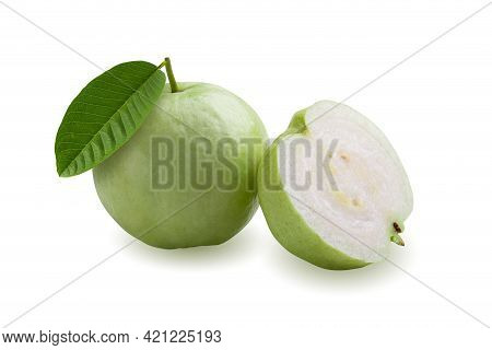 Fresh Guava Fruit And Slice Of Guava Isolated On A White Background.