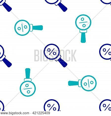 Blue Magnifying Glass With Percent Icon Isolated Seamless Pattern On White Background. Discount Offe