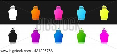 Set Funeral Urn Icon Isolated On Black And White Background. Cremation And Burial Containers, Columb