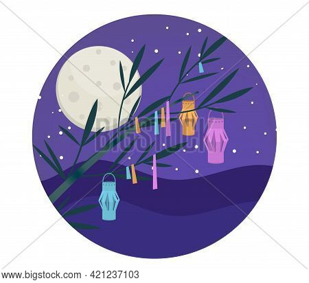 Tanabata Japanese Traditional Festival Background Banner. Bamboo Decorated With Paper Lanterns. Vect