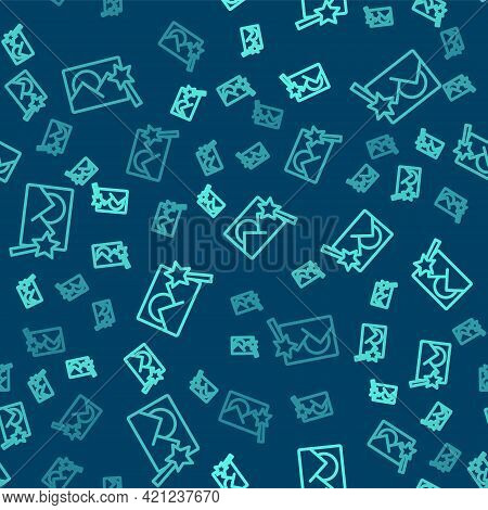 Green Line Photo Retouching Icon Isolated Seamless Pattern On Blue Background. Photographer, Photogr