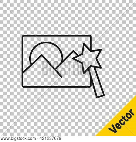 Black Line Photo Retouching Icon Isolated On Transparent Background. Photographer, Photography, Reto