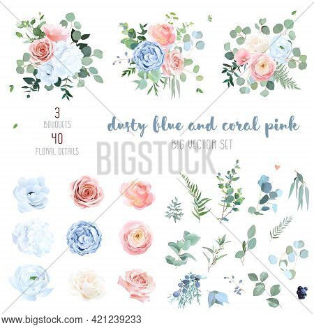 Dusty Blue, Blush Pinkand Coral Rose, White Hydrangea, Peachy Ranunculus