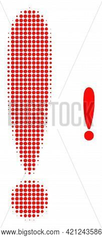 Exclamation Sign Halftone Dot Icon Illustration. Halftone Array Contains Round Points. Vector Illust