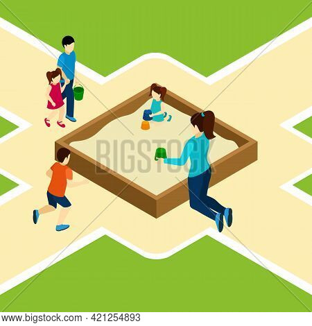 Playing On The Playground With Girls Boys And Grownups Isometric Vector Illustration