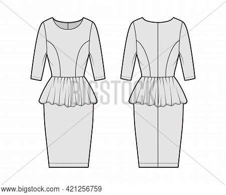 Dress Peplum Technical Fashion Illustration With Elbow Sleeves, Fitted Body, Knee Length Sheath Skir