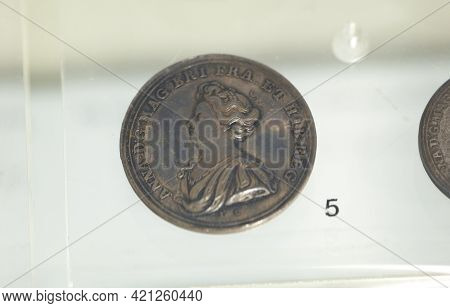 Madrid, Spain - March 6th, 2021: Conmemorative Medal Depicting Queen Anne Of England. Capture Of Cal