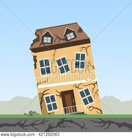 Earthquake , Natural Disasters , The Remains Of A Building After The Earthquake,  Vector Illustratio