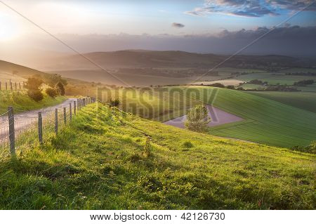 Beautiful English Countryside Landscape Over Rolling Hills