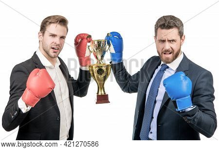 Trophy And Prestige. Got Prize. Winning Deal. Businessmen In Boxing Gloves Celebrate Victory.