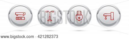 Set Line Multimedia And Tv Box, Street Light, Electric Plug And Water Tap. Silver Circle Button. Vec