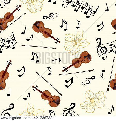 Seamless Pattern With Violins, Flowers And Notes On White Background. Music Theme, Vector Illustrati