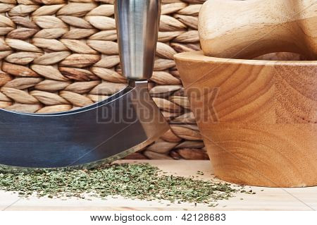 Chopped Mint With Herb Chopper And Pestle And Mortar