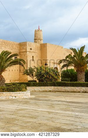 The Huge, Majestic Walls And Towers Of Ribat Fortress On A Rainy Day. Ribat Is An Architectural Jewe