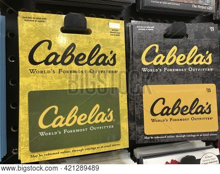 Indianapolis - Circa February 2021: Cabelas Gift Cards. Cabelas Gift Cards Are Accepted Online Or At