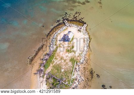 Small Island Church In Lagoon Near Posedarje Aerial View, Dalmatia Region Of Croatia