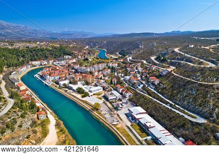 Town Of Obrovac And Zrmanja River Canyon Panoramic Aerial View, Dalmatia Archipelago Of Croatia