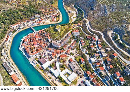 Town Of Obrovac And Zrmanja River Canyon Panoramic Aerial View, Dalmatia Archipelago Of Croatia