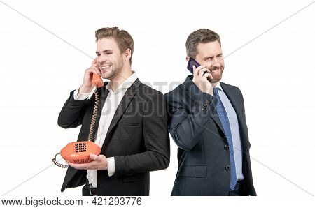 Happy Managers Talk On Mobile Phone And Telephone Isolated On Whiite, Call