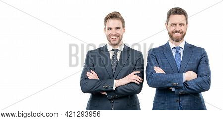 Two Happy Men In Suit. Businessmen Isolated On White. Boss And Employee. Confident Business Partners