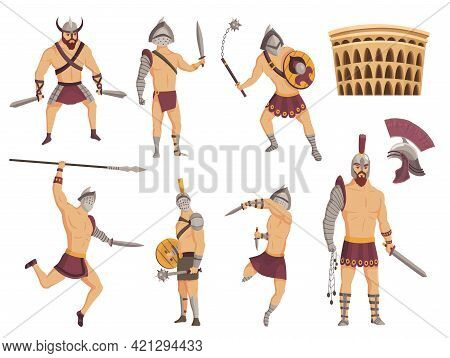 Ancient Rome Gladiators. Gladiator Vector Roman Warrior Character In Armor With Sword Or Weapon And 