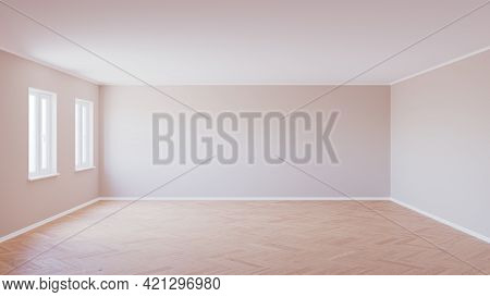Empty Interior With Parquet Floor, Two Windows, Beige Walls And White Plinth, 3d Render. 6000x3376, 