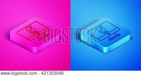 Isometric Line Mute Microphone On Computer Icon Isolated On Pink And Blue Background. Microphone Aud