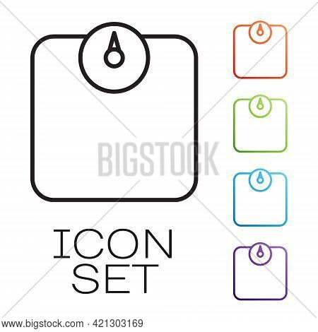 Black Line Bathroom Scales Icon Isolated On White Background. Weight Measure Equipment. Weight Scale