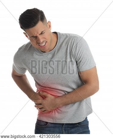 Man Suffering From Liver Pain On White Background