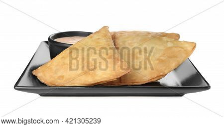 Fresh Delicious Crispy Samosas With Sauce On White Background