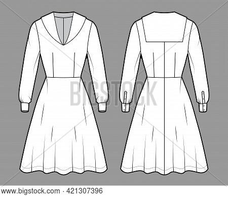 Dress Sailor Technical Fashion Illustration With Middy Collar, Long Sleeve With Cuff, Fitted Body, K