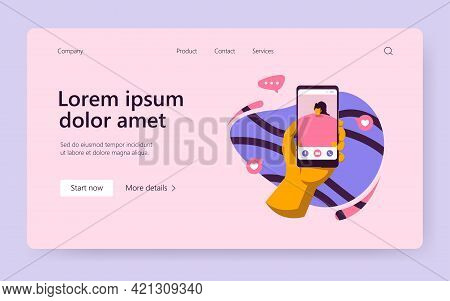 Hand Of Person Using Mobile Phone For Video Call, Talking To Girl Friend. User Holding Cellphone Wit