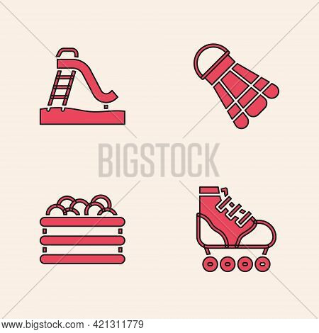 Set Roller Skate, Kid Slide, Badminton Shuttlecock And Pool With Balls Icon. Vector