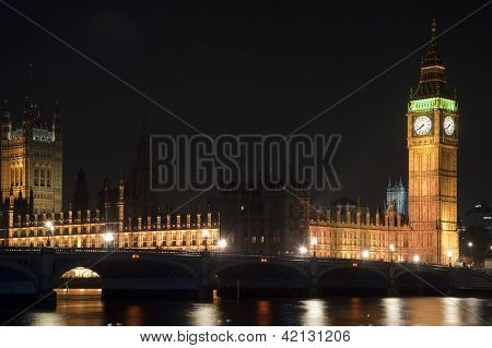 Houses Of Parliament, Big Ben And Westminster Bridge At Night In London