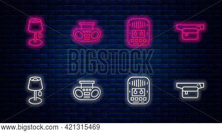 Set Line Home Stereo With Two Speakers, Cassette Tape Player, Floor Lamp And Waist Bag Of Banana. Gl