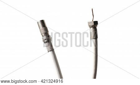 Cord For Antenna And Tv. Antenna Pal Male Cable F-type Flylead Aerial Cord Coax Lead. Isolated On Wh