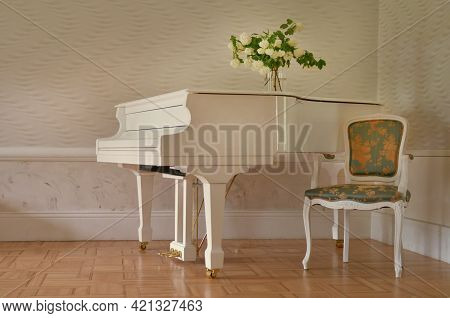 White Grand Piano Standing In Elegant White Interior Of Palace Hall.white Piano At The Empty Reto Ro
