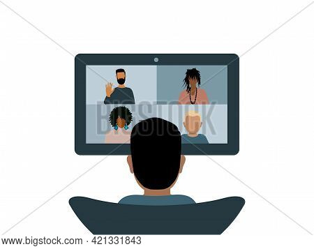 View Of A Person From The Back Talking To Colleagues, Friends Or Patients. Online Video Communicatio