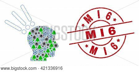 Winter Pandemic Collage Test Head, And Textured Mi6 Red Round Stamp Print. Collage Test Head Is Form