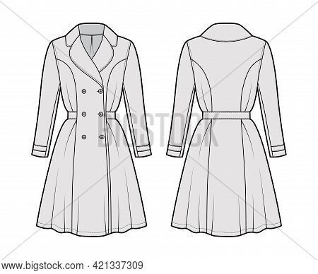 Dress Coat Trench Technical Fashion Illustration With Double Breasted, Long Sleeve, Fitted Body, Kne
