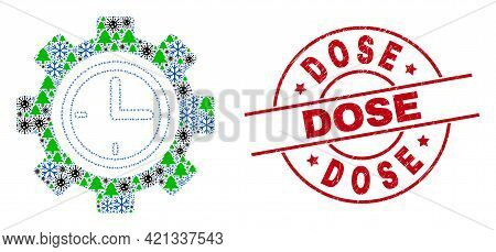 Winter Covid-2019 Collage Clock Setup Wheel, And Textured Dose Red Round Stamp. Collage Clock Setup 